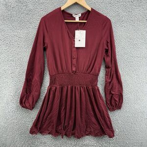 Birch And Stone Dress Long Sleeve Red Womens M Smocked Ruffle Waist V-Neck NWT